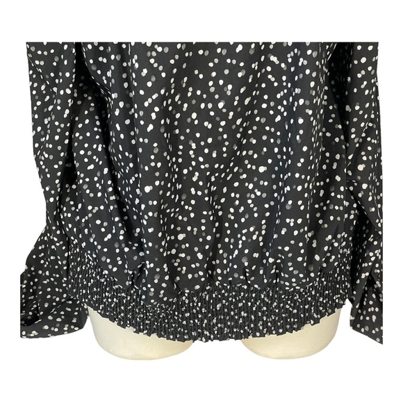 BEBE Black Grey White Polka Dot Long Sleeve Off the Shoulder Strap Blouse Sz XL - Picture 7 of 12